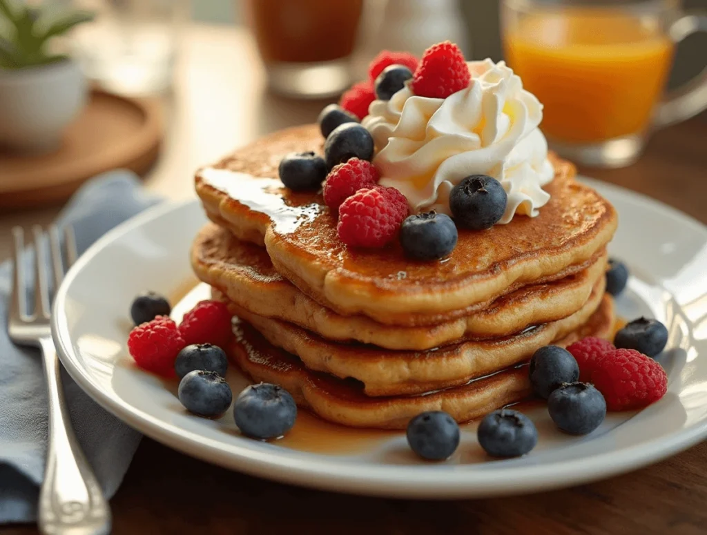 A stack of French toast pancakes topped with whipped cream, fresh raspberries, and blueberries, served with syrup.