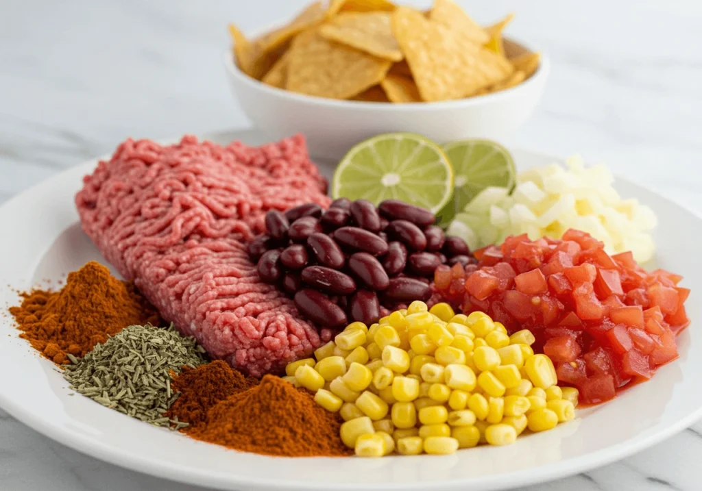 Ingredients for taco soup: ground beef, kidney beans, corn, tomatoes, onion, lime, and various spices with a side of tortilla chips.