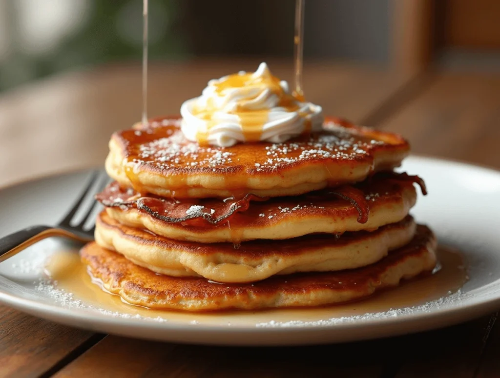 A delicious stack of French toast pancakes topped with whipped cream, syrup, and powdered sugar, with crispy bacon layered in between.