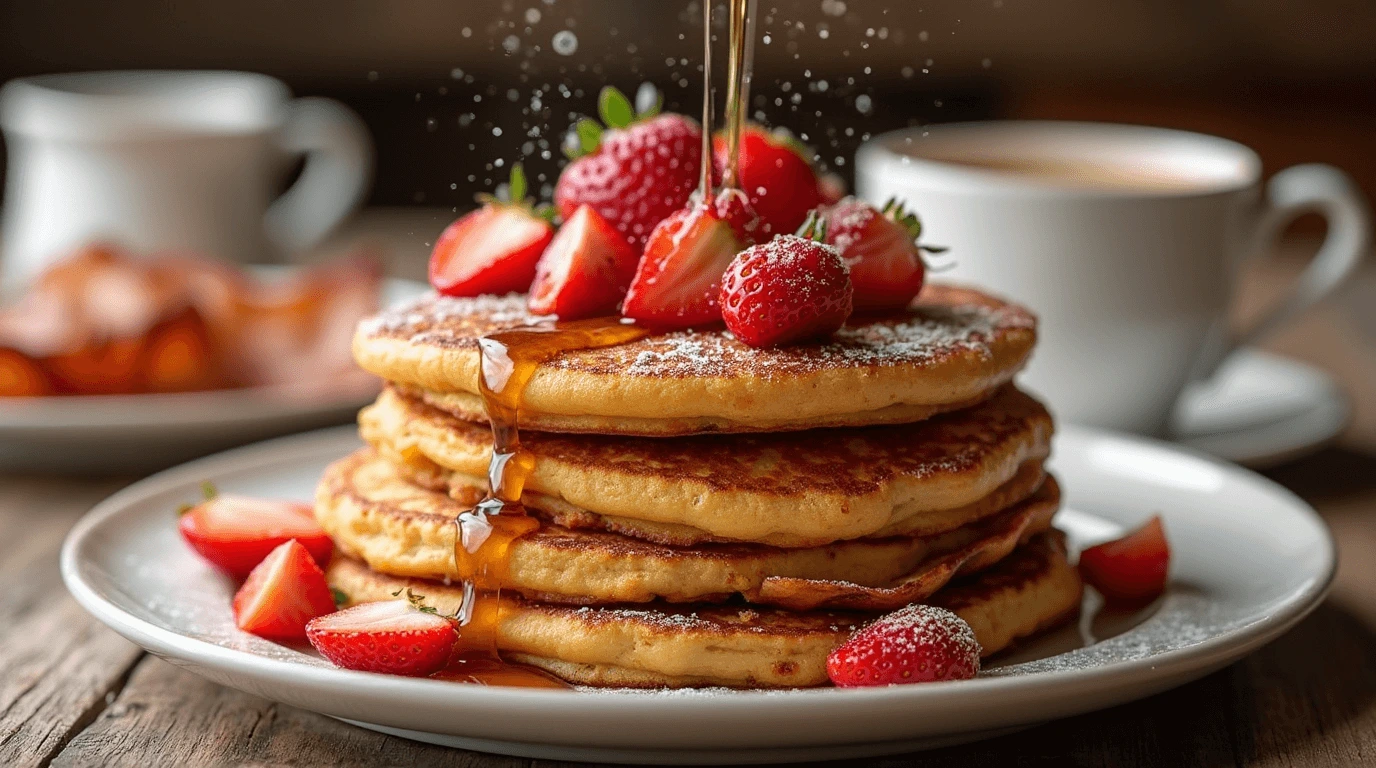 A stack of French toast pancakes topped with fresh strawberries and drizzled with maple syrup, served on a rustic wooden table with a coffee cup in the background.