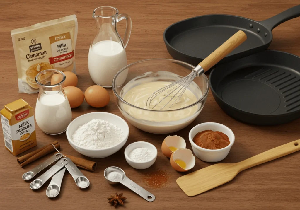 A variety of ingredients for making French toast pancakes, including eggs, milk, flour, cinnamon, and a whisk, laid out on a wooden surface alongside kitchen utensils and pans.