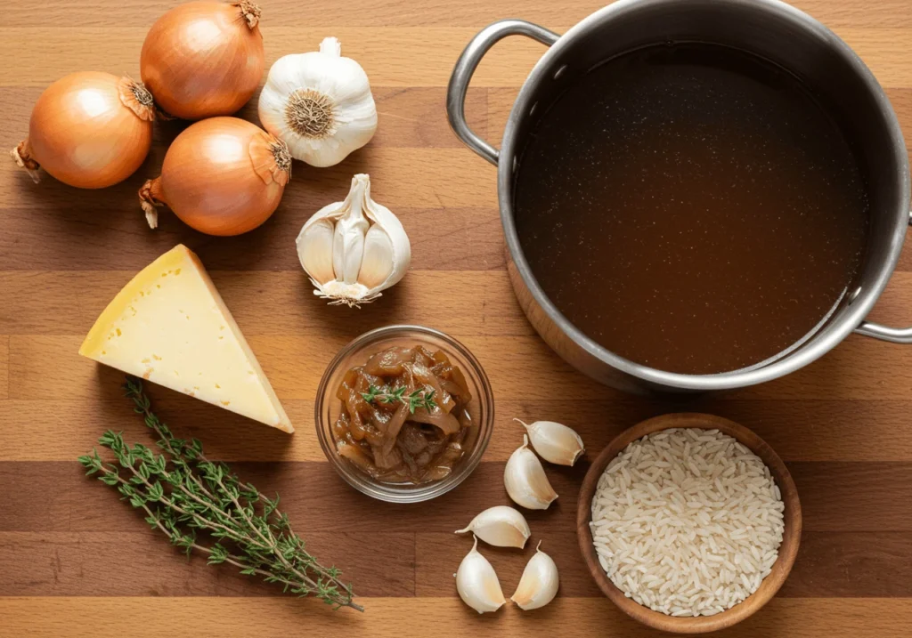 Ingredients for French Onion Soup Rice: onions, garlic, thyme, rice, caramelized onions, broth, and cheese on a wooden table.