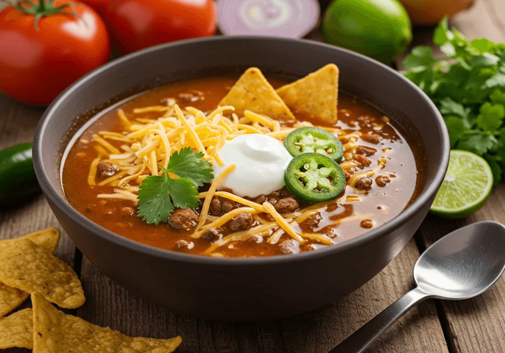 A bowl of taco soup with shredded cheese, sour cream, jalapeño slices, and tortilla chips, with fresh cilantro and lime wedges on the side.