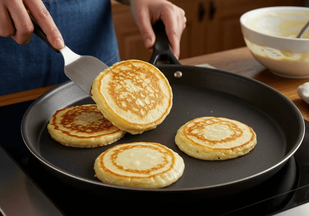 A person flipping French toast pancakes in a frying pan using a spatula, with other pancakes cooking in the pan.