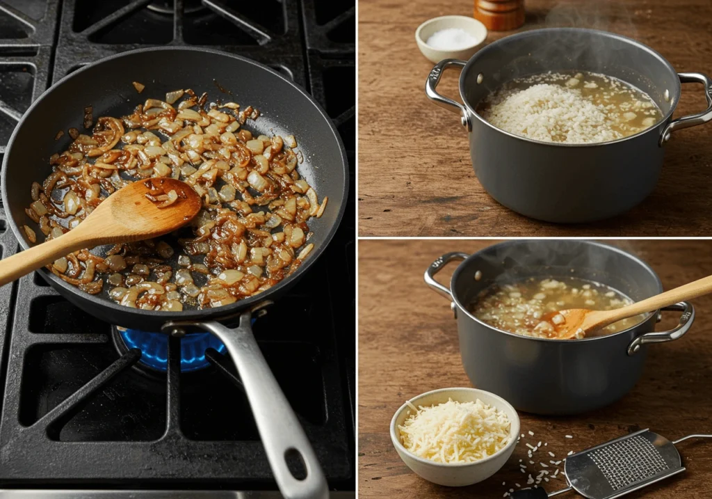 Step-by-step preparation of French Onion Soup Rice: caramelizing onions, cooking rice in broth, and grating cheese.