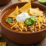 A bowl of taco soup topped with shredded cheese, jalapeño slices, sour cream, and tortilla chips, with lime wedges on the side