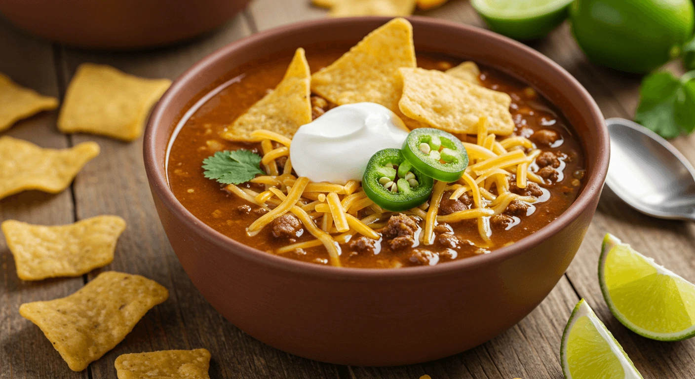 A bowl of taco soup topped with shredded cheese, jalapeño slices, sour cream, and tortilla chips, with lime wedges on the side