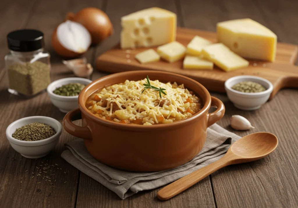 Bowl of French Onion Soup Rice topped with melted cheese, with fresh herbs and ingredients like cheese, garlic, onions, and spices in the background