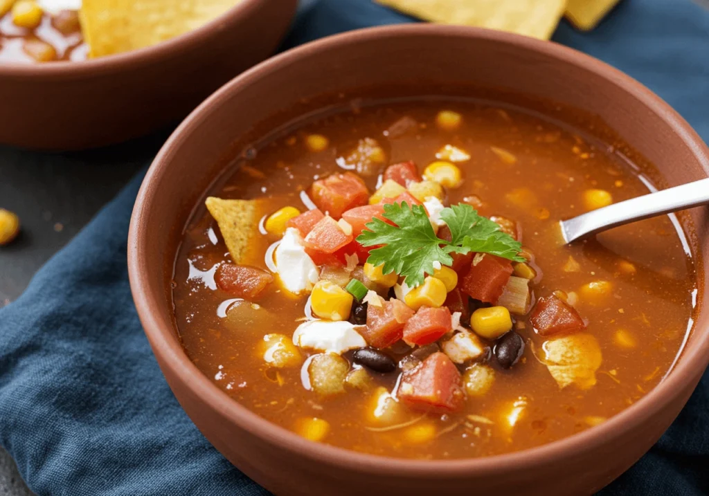 A bowl of taco soup with corn, tomatoes, black beans, and tortilla chips, topped with sour cream and cilantro.