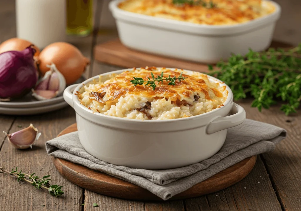 A creamy French onion soup rice bake topped with golden melted cheese and garnished with fresh thyme, served in a white ceramic dish on a rustic wooden table with onions, garlic, and herbs in the background.