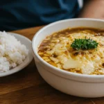 A bowl of French onion soup rice topped with melted cheese and garnished with parsley, served alongside a plate of white rice on a wooden table.