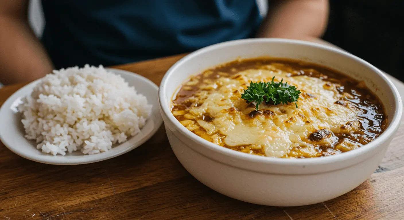 A bowl of French onion soup rice topped with melted cheese and garnished with parsley, served alongside a plate of white rice on a wooden table.