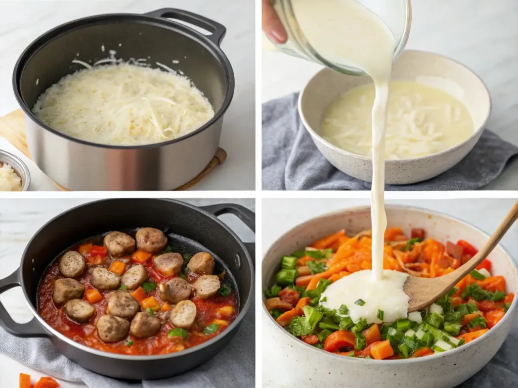 Step-by-step cooking collage showing cheese melting, cream pouring, and vegetables being prepared for creamy sausage soup.
