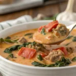 A bowl of Creamy Parmesan Italian Sausage Soup with spinach, red bell peppers, and sausage in a rich, cheesy broth