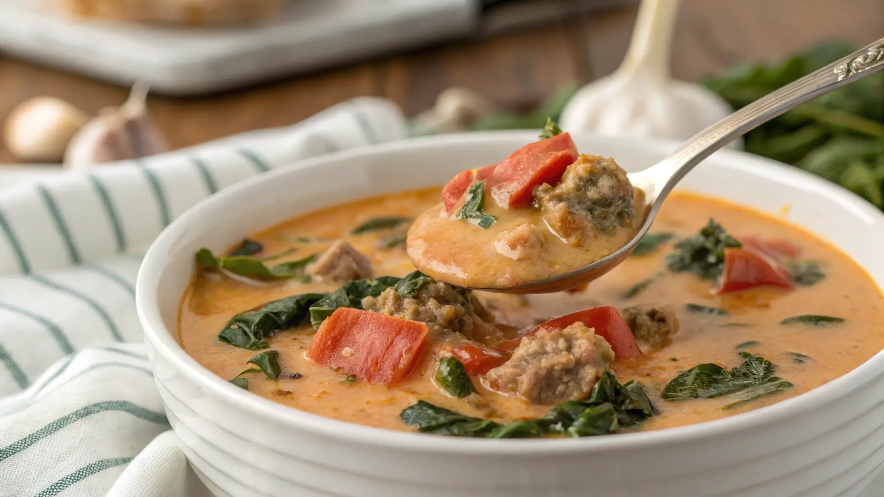 A bowl of Creamy Parmesan Italian Sausage Soup with spinach, red bell peppers, and sausage in a rich, cheesy broth