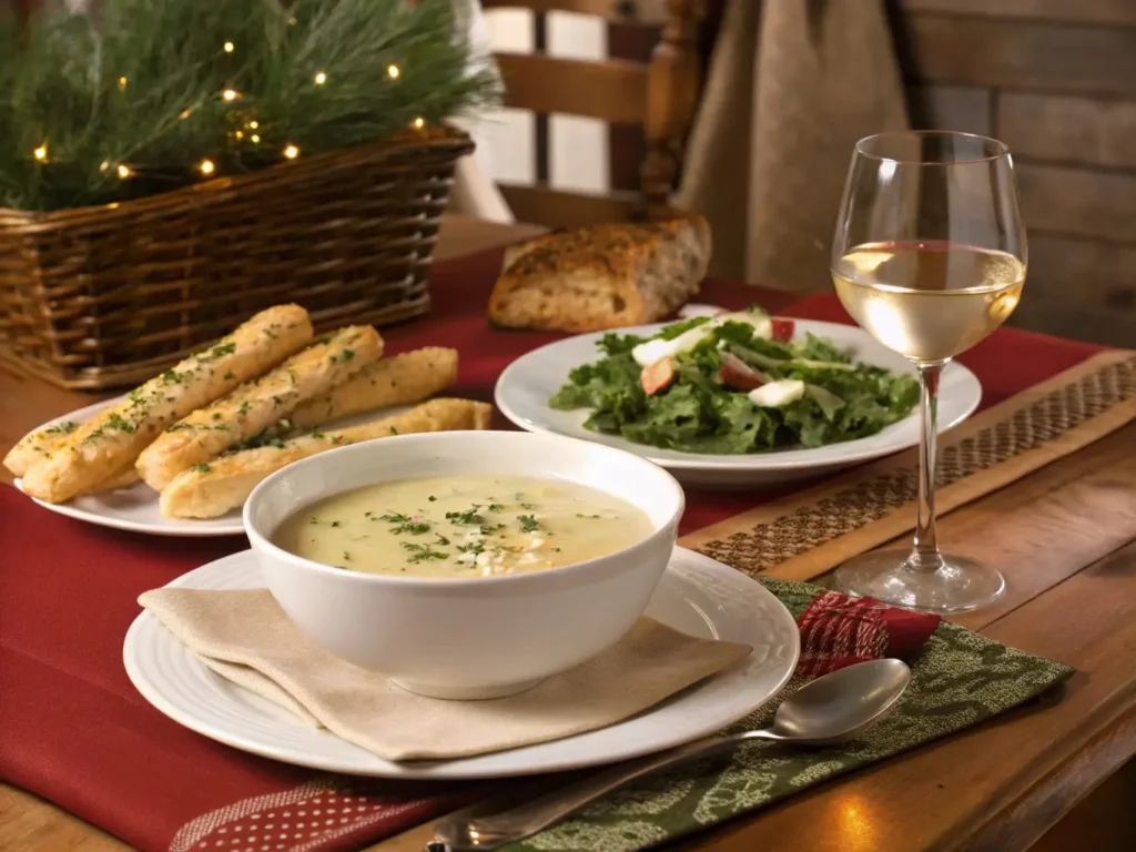Creamy Parmesan Italian sausage soup served with garlic breadsticks, green salad, and white wine on a cozy dinner table.