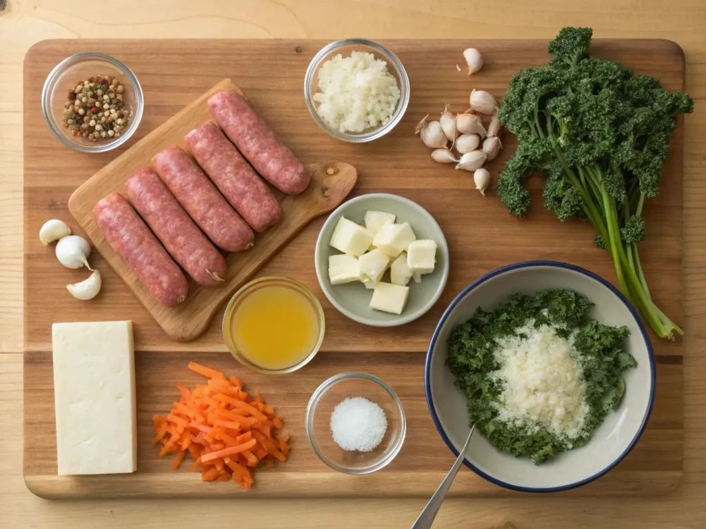 Fresh ingredients for creamy Parmesan Italian sausage soup including sausage, Parmesan cheese, kale, carrots, onion, and cream on a kitchen counter.
