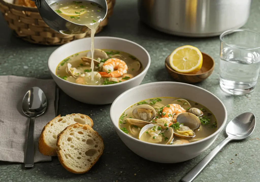 A bowl of Clam Shrimp Broth Recipe being served with fresh herbs and crusty bread on the side.
