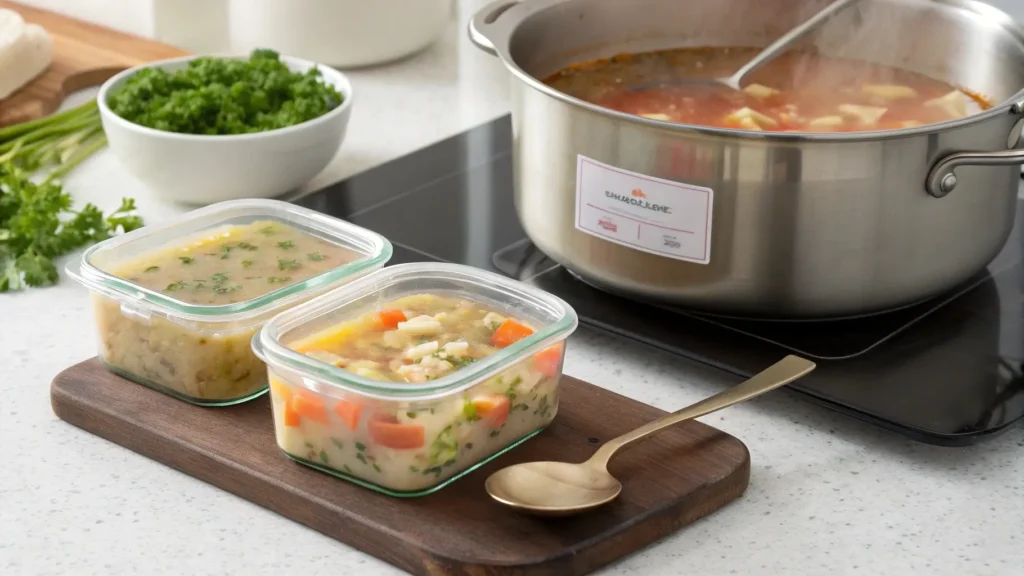 Leftover creamy sausage soup stored in glass containers beside a pot of soup on the stove, with fresh parsley garnish.
