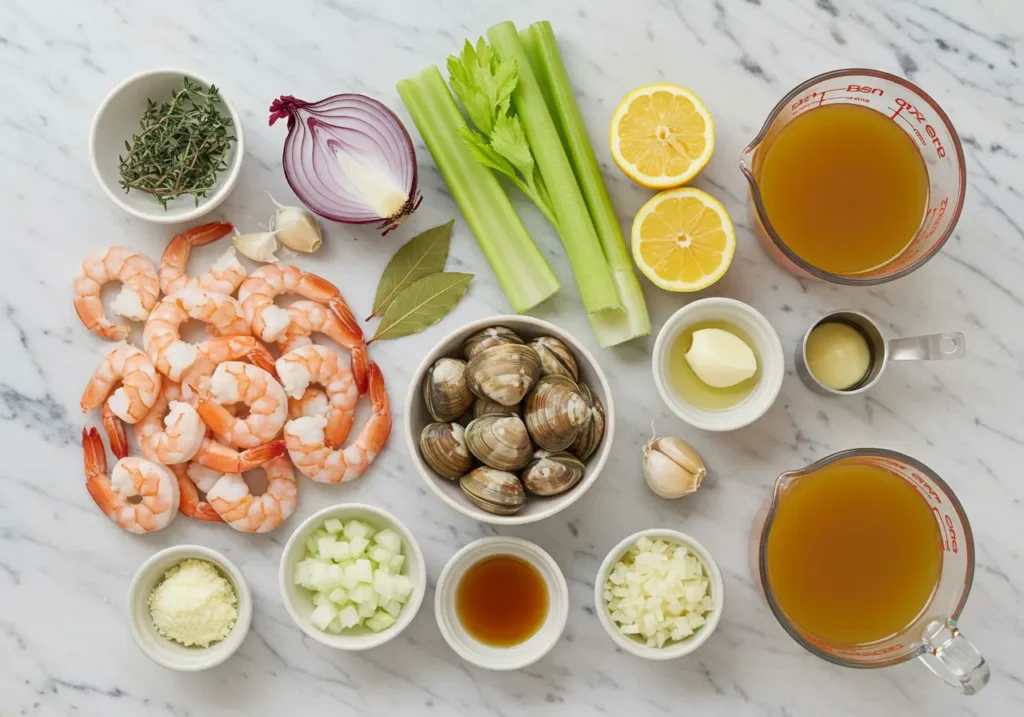 Ingredients laid out for making Clam Shrimp Broth Recipe, including shrimp, clams, herbs, and vegetables.