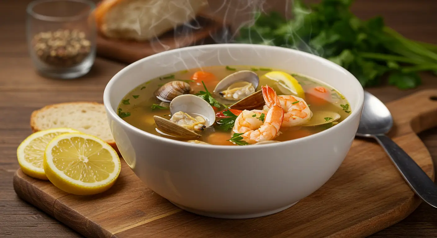 A comforting bowl of clam and shrimp broth garnished with herbs and served with lemon and bread.