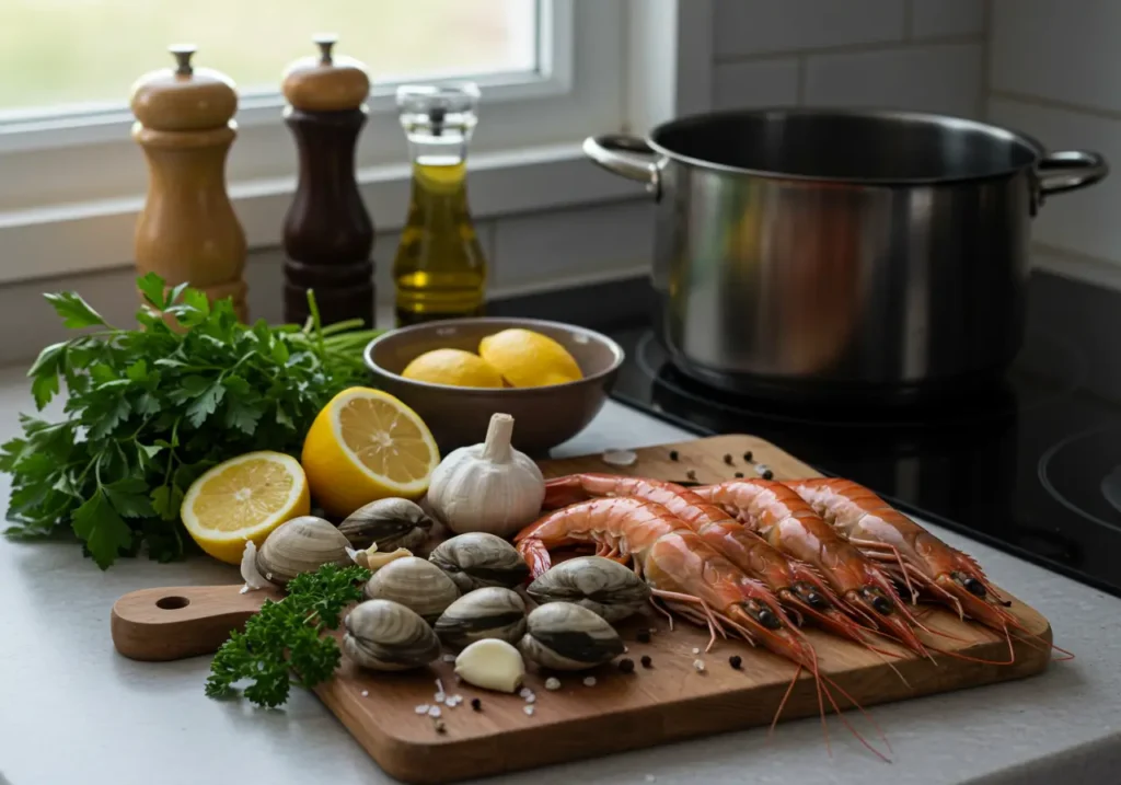 Fresh shrimp and clams on a cutting board surrounded by lemons, garlic, herbs, and cooking utensils.