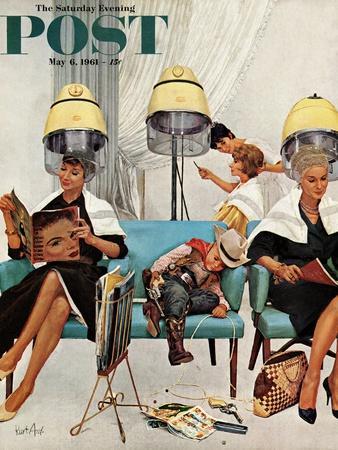 "Cowboy Asleep in Beauty Salon," Saturday Evening Post Cover, May 6, 1961 - Giclee Print, 12x16