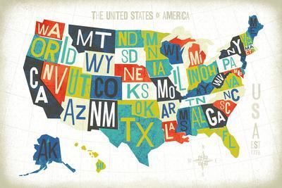 Letterpress USA Map - Wall Art Print, 18x12