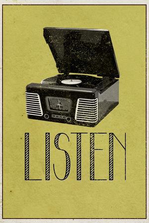Listen Vintage Record Player - Wall Art Print, 12x18