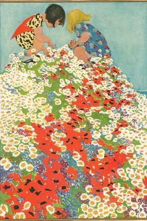 Little Girls in Field of Flowers - Wall Art Print, 12x18