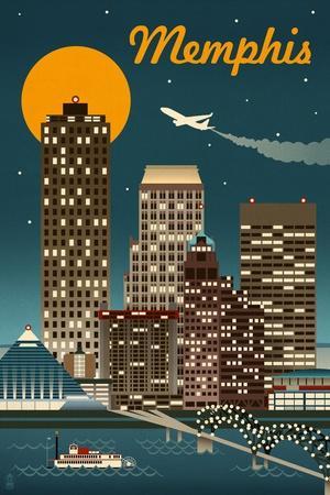 Memphis, Tennessee - Retro Skyline - Wall Art Print, 12x18