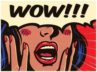 Retro Pop Art Surprised and Excited Comic Book Woman with Speech Bubble Saying Wow Vector Illustrat - Photographic Print, 12x9