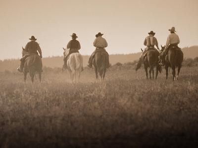 Sepia Effect of Cowboys Riding, Seneca, Oregon, USA - Photographic Print, 16x12