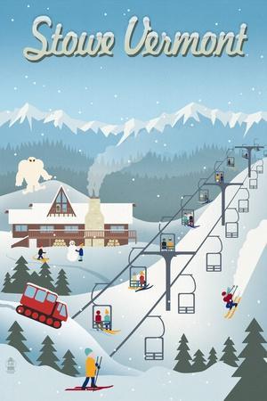 Stowe, Vermont - Retro Ski Resort - Lantern Press Artwork - Wall Art Print, 12x18